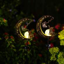 1pc Solar Powered Iron Butterfly & Moon Stake Light, Warm Light LED, Waterproof, Suitable For Yard, Garden, Park