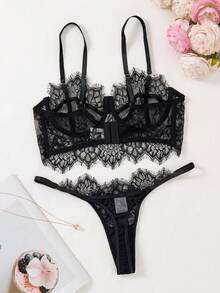 性感内衣 时尚黑色蕾丝透明诱惑，性感内衣套装，性感蕾丝睫毛款式，黑色花卉蕾丝，现代时尚风格，经典诱惑，假日风格，两件套内衣套装展现女性性感魅力，舒适居家 - 黑色 - 查看 5