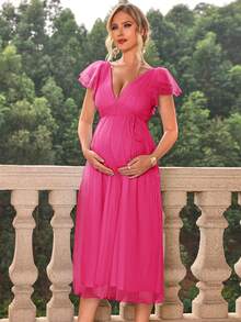 Joyfunear Maternity Fashionable Solid Color Ruffle Sleeve Deep V Neck Dress Summer - Hot Pink - View 6