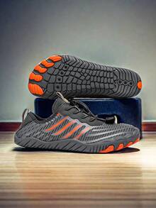 1 Pair All-Season Slip-Resistant Water Shoes For Beach And River Sports, Women And Men, Quick-Drying Breathable Fabric Upper With Rubber Sole, Striped Pattern - Grey - View 5