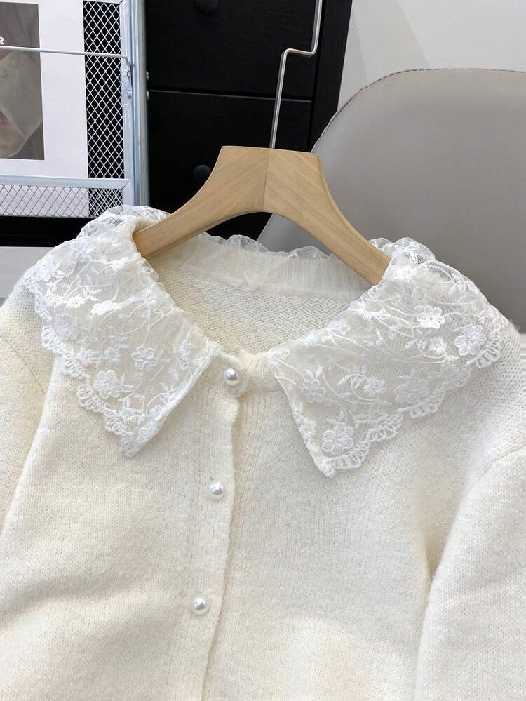 Women's Solid Color Lace Trim Casual Long Sleeve Knit Cardigan - White - View 5