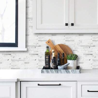 20 Sheets Faux Stone Peel And Stick Backsplash, White Marble Look PVC Wall Tiles Stick On Backsplash For Kitchen, DIY Kitchen Upgrade Stickers & Baffles, Home Decor Kitchen Accessories, Halloween & Christmas Decor, Cozy Fall& Winter Styles