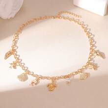Gold Necklace Women Summer Beach Charm Jewellery Accessories Chain Shell Starfish Conch Turtle Boho Jewelry