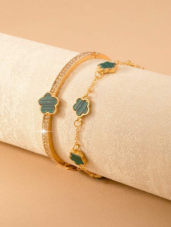 Set de 2 pulseras y brazaletes de aleación de zinc con incrustaciones de lujo de flores de 5 hojas, regalo del Día de San Valentín, joyería de boda, adecuado para banquetes y uso en fiestas