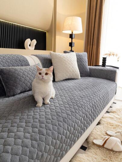 1pc Milk Velvet Plaid Sofa Cushion Cover, Suitable For All Seasons, Minimalist & Fresh Sofa Slipcover For 1-4 Seater Sofa, L-Shaped Sofa, Decorative Sofa, Sofa Protector, Anti-Slip, Anti-Dust, Anti-Cat Scratch, For Living Room, Bedroom, Study, Office, Club, Outdoor, Pet Friendly