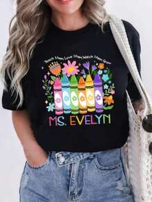 1pc Custom Teacher Name Shirt, Teacher Crayon Floral Shirt, Back To School Tee, Retro Teacher School Outfit, Kindergarten 1st Grade Second Grade - 黑色 - 查看 2