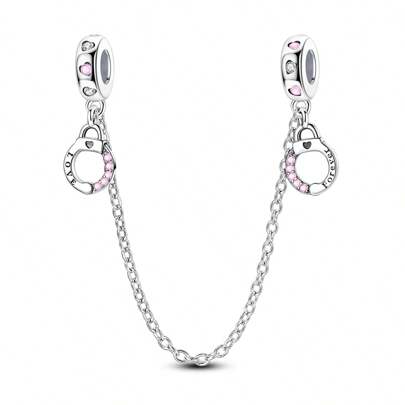 1 件银色精致粉色锆石独特设计手铐锁爱心硅胶塞链珠饰适合蛇形手链项链手镯吊坠串珠适用于 DIY 珠宝制作女孩日常珠宝配饰