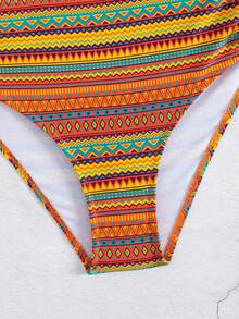 Women's Two Pieces Swimwear Set, Retro Print, High Stretch Knit Fabric, Polyester 82% & Elastane 18%, Geometric Pattern, Drawstring Design, 195gsm Top, 130gsm Lining, Summer Beachwear - Multicolor - View 7