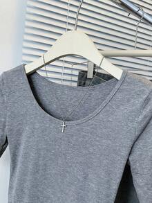 Minimalistic U-Neck Middle Sleeve T-Shirt, Design Style, Slim Fit Cropped Top For Summer - Grey - View 8