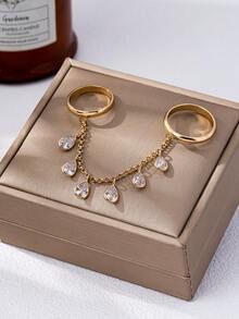 1pc Fashionable Elegant Copper Material Zirconia Inlaid Tassel Full Finger Ring, Suitable For Daily Wear, Gifts, Parties, Weddings - Yellow Gold - View 2