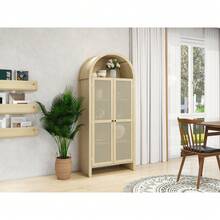 70.28" Tall Arched Kitchen Pantry, Arched Storage Display Cabinet With 2 Adjustable Shelves,Rattan Door Versatile Storage Cabinet For Kitchen, Dining Room, Living Room    RR