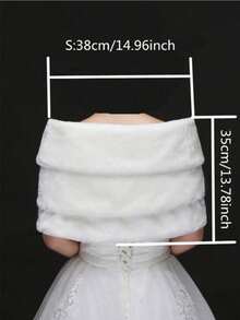 三层蓬松披肩带领带新娘婚礼派对斗篷披肩秋冬保暖毛绒披肩 - 白色 - 查看 2