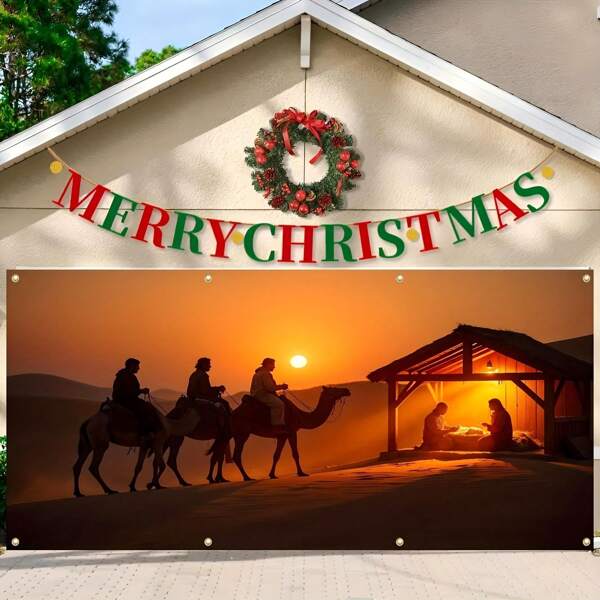 2D Türbanner, große Weihnachts-Krippen-Garage Tür Abdeckung - Heilige Familie & Scheune Outdoor Dekoration, strapazierfähiger Polyester, perfekt für Winterfeiertage