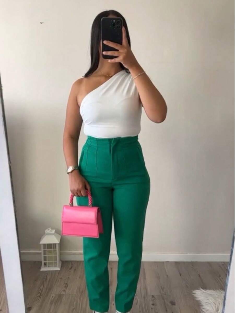 Pantalón Pinza Liso Elegante Casual Tela Cremallera Bolsillo Pinza Formal y de noche - Verde - Ver 1