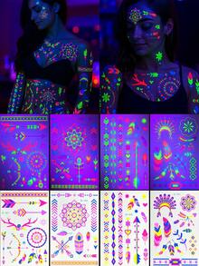 16 Pieces Tattoo Stickers, Neon UV Fluorescent Tattoo Stickers For Bar, KTV, Nightclub, Party Makeup And Dance, Waterproof Flower And Stickers, Body Art Decoration, Mandala, Butterfly And Geometric Patterns, Suitable For Carnival Parties. - Multicolor - View 2