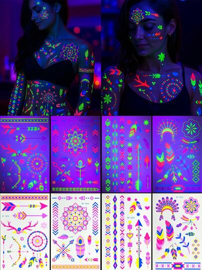 16 Pieces Tattoo Stickers, Neon UV Fluorescent Tattoo Stickers For Bar, KTV, Nightclub, Party Makeup And Dance, Waterproof Flower And Stickers, Body Art Decoration, Mandala, Butterfly And Geometric Patterns, Suitable For Carnival Parties.
