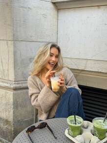 Women Autumn And Winter New Oatmeal V-Neck Long-Sleeved Knitted Cardigan, Elegant, Casual Loose Cardigan, Daily, Holiday, Dating, Graduation, Back To School - Khaki - View 3