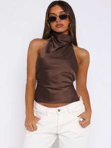 Womenacute;S Halter Neck Satin Sleeveless Backless Solid Color Slim Fit Summer Tank Tops - Brown - View 4