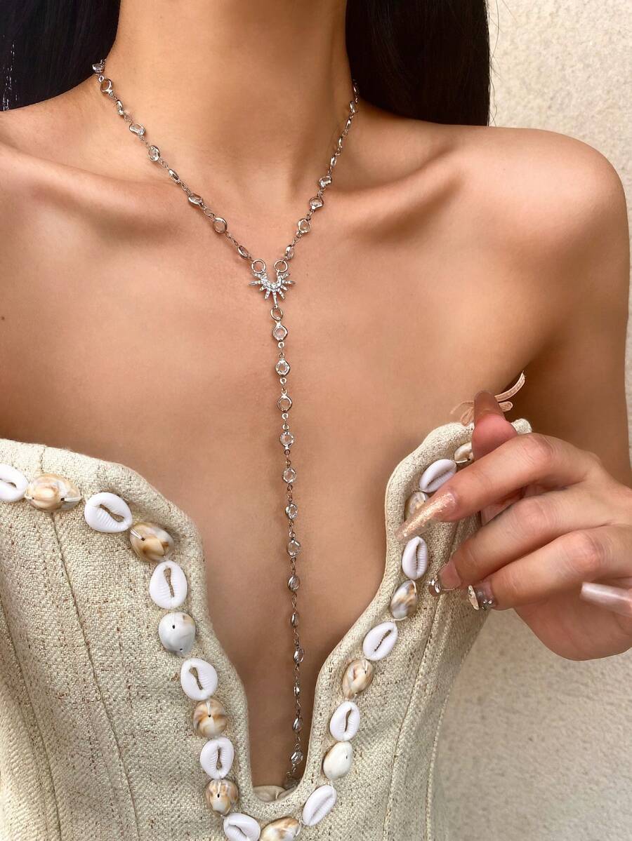 1pc Gold/Silver Transparent Glass Star Sexy Long Y-Necklace, Bling Bling Pendant Decor, Suitable For Daily Wear, Date, Party, Holiday, Anniversary, Birthday Gift, Elegant, Refined, Minimalist, Luxury, Cute - Silver - View 1