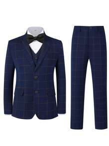 Boys Suits Grid 5-Pieces Suit Set Toddler Tuxedos Dresswear Ring Bearer Outfit Wedding Blazer Vest Pants Shirts Tie Formal Suits For Kids Navy Blue Size 6-16Y