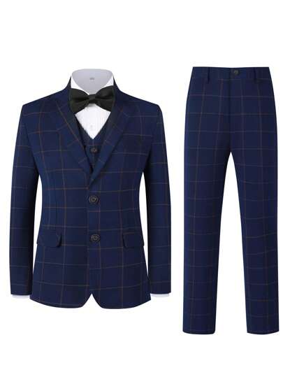 Boys Suits Grid 5-Pieces Suit Set Toddler Tuxedos Dresswear Ring Bearer Outfit Wedding Blazer Vest Pants Shirts Tie Formal Suits For Kids Navy Blue Size 6-16Y