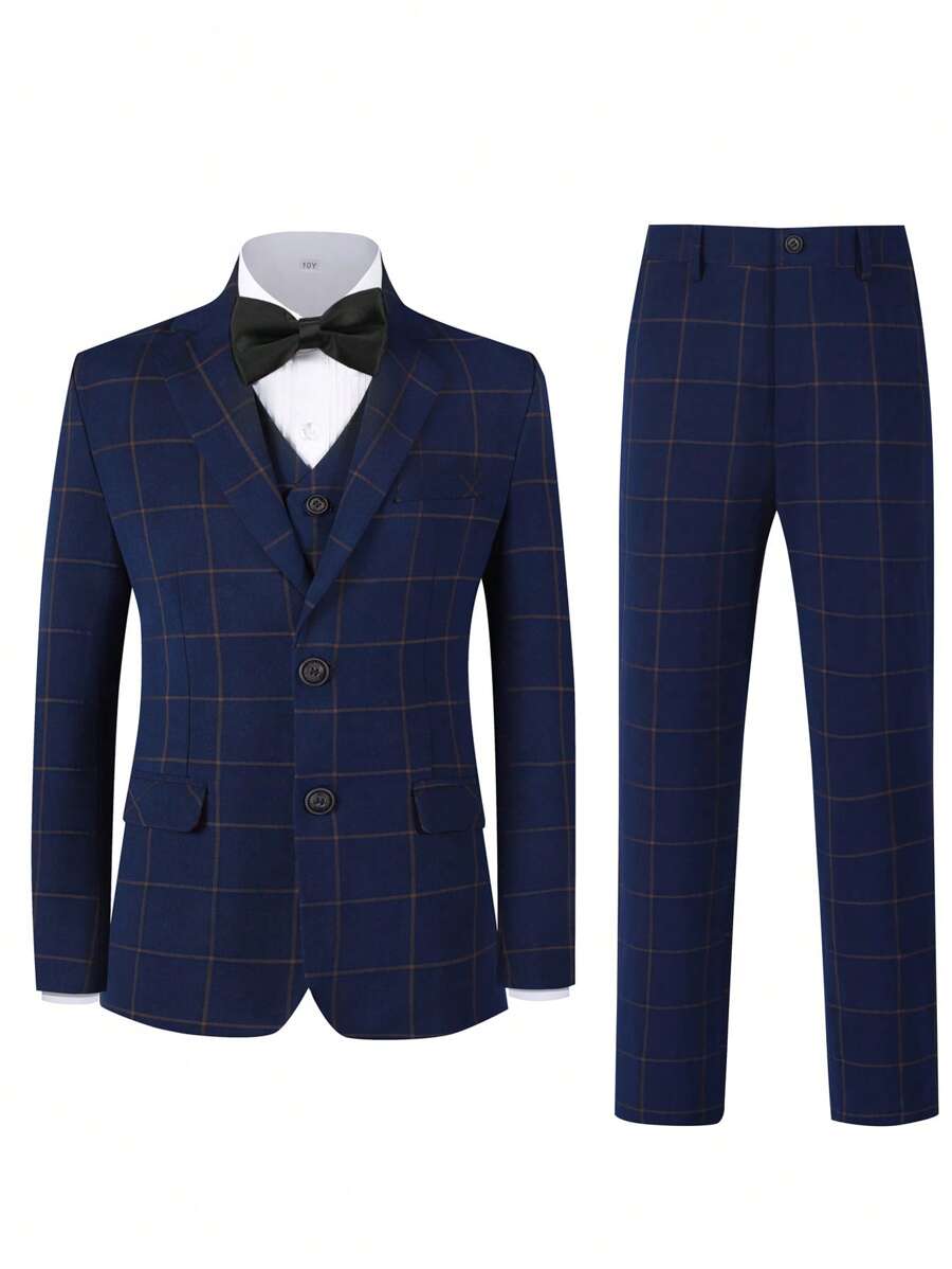 Boys Suits Grid 5-Pieces Suit Set Toddler Tuxedos Dresswear Ring Bearer Outfit Wedding Blazer Vest Pants Shirts Tie Formal Suits For Kids Navy Blue Size 6-16Y