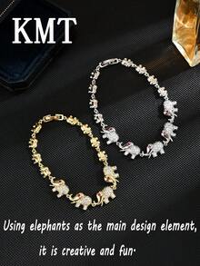 1pc Copper Inlaid Cubic Zirconia Cute Elephant Design Women Fashion Bracelet, Elegant For Daily Wear And Party - Elephant - View 3