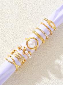 8 件/3 件复古优雅时尚夸张波西米亚风格仿珍珠金属纽扣几何线条环绕戒指套装，个性化奢华高端指节戒指适合男女，度假，派对，婚礼，日常佩戴，多功能珠宝 - 金黃色 - 查看 9