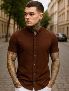 Men's Short Sleeve Shirt With Priest Collar Premium Quality Light And Fresh Fabric Easy To Iron - 鏽棕色 - 查看 1