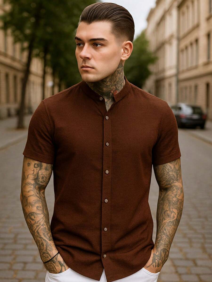 Men's Short Sleeve Shirt With Priest Collar Premium Quality Light And Fresh Fabric Easy To Iron - 鏽棕色 - 查看 1