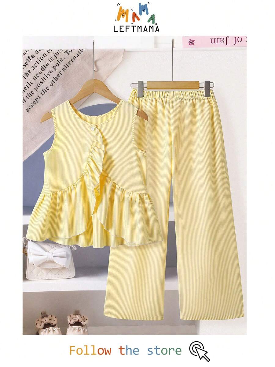 Left Mama Girls Casual Asymmetrical Floral Trim Sleeveless Striped Top And Straight Pants Set, Summer - Yellow - View 1