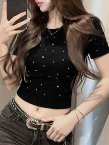 2025 New Summer Black Fitted Rhinestone Decor Short T-Shirt For Women Casual - Black - View 3