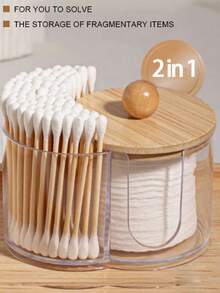 二合一竹盖棉签盒，卸妆棉收纳盒，双孔圆形桌面收纳盒 - 透明色 - 查看 1