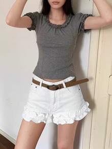 Women's Casual Denim Shorts With Ruffle Hem And Pockets - White - View 1