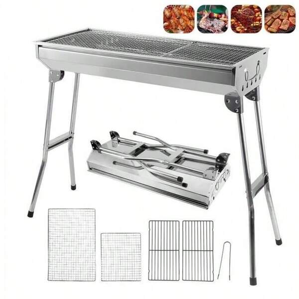 Con supporto, griglia a carbone in acciaio inossidabile, pieghevole e portatile, adatta per barbecue all'aperto da 5 a 10 persone, carrello per griglia a carbone, barbecue a carbone (73*33,5*70 cm)