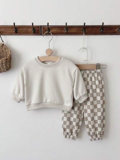 2pcs/Set Baby Boy Casual Solid Color Crew Neck Long Sleeve Sweatshirt And Checkerboard Long Pants, Spring/Autumn