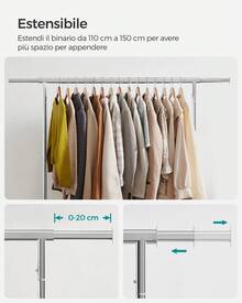 Stand Appendiabiti con Rotelle, Portabiti per Carico Pesante, Barra Estensibile, Portata 130 kg, 45 x (110-150) x 162,9 cm, Metallo Cromato, Argento - Argento - Visualizzare 4
