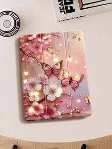 蝴蝶花纹iPad保护套，兼容iPad Air 4/5（10.9英寸）、iPad 7/8/9（10.2英寸），内置Apple Pencil笔槽，也适用于Tab S6（10.4英寸）、Tab A7 Lite（8.7英寸），皮革保护套，适合返校、情人节、新年礼物，卡通风格平板电脑保护套 - 彩色 - 查看 1