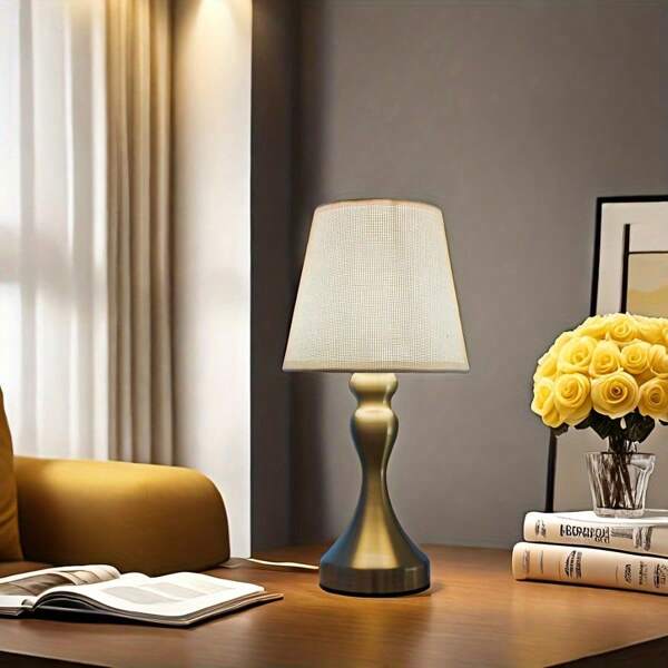 1pc Modern LED Desk Lamp, Dimmable Soft Light, Handmade Fabric Lampshade, Polished Metal Base, USB Powered Decorative Table Lamp For Bedroom, Living Room, Reading