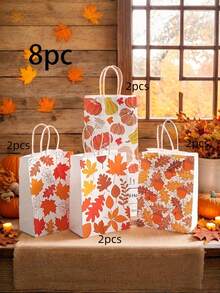 4/8/12 حقيبة هدايا خريفية قابلة لإعادة الاستخدام - حقيبة ورق كرافت مع أنماط أوراق القيقب والقرع، تغليف هدايا موسمي وديكور عيد الحصاد، حقيبة تسوق لمراكز التسوق، حقيبة هدايا حلوى من الورق الكرافت مطبوع عليها أوراق القيقب - متعدد الألوان - مشاهدة 9