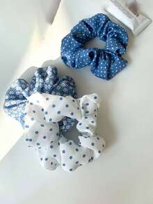 5 件蓝色花卉发圈，大号简约可爱甜美女孩波尔卡圆点发圈，高弹力马尾发圈，适合运动、旅行、马尾辫固定器、发圈、洗脸、发饰