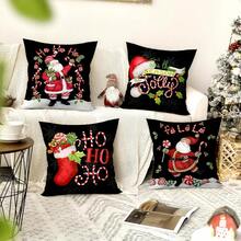 4 st/280 st örngott med jultema, svart bakgrund med jultomten- och polkagrismönster, lämplig för julvardagsrum, sovrum, soffdekoration, 45x45 cm örngott, julfestdekoration, julrestaurangdekoration - Jultomten med käpp på svart bakgrund - Visa 3