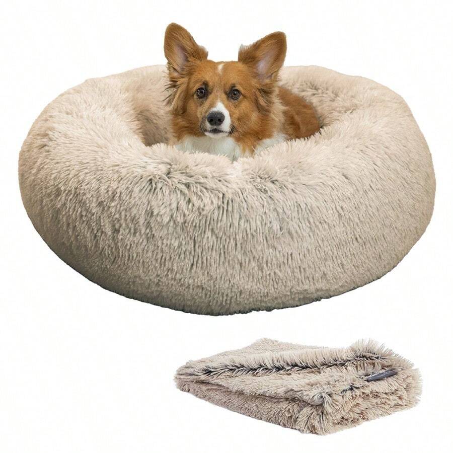 Bundle Set The Original Calming Shag Donut Cuddler Cat And Dog Bed + Pet Throw Blanket Taupe Medium 30x30 - 灰褐色+中等 - 查看 1