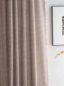 Bubaba 1pc Checkered Print Curtain, Simple & Fresh Cute Style Beige Tassel Blackout Curtain, Suitable For Children's Room, Dining Room, Hotel Bedroom, Holiday, Party, Bohemian