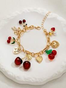 1 件可爱樱桃手链，简约百搭心形蝴蝶结流苏手链，适合节日、生日的优雅礼物 - 彩色 - 查看 4