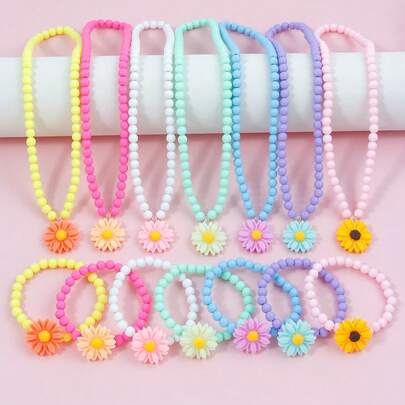 14 piezas Collar con colgante de margarita multicolor, Conjunto de pulsera con cuentas y dijes, Adecuado para fiesta de vacaciones, regalo de cumpleaños, uso diario