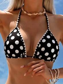 2 件波尔卡圆点花卉印花性感比基尼套装，女士度假海滩泳装 - 黑與白 - 查看 5