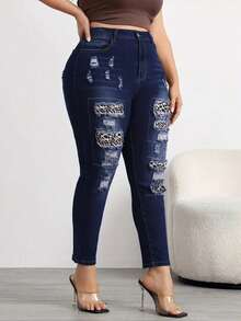 Plus-Size Women's Denim Trousers With Leopard Print Patch Details, Suitable For Spring, Summer And Autumn, Made Of High-Stretch Comfortable Denim Fabric, Suitable For Party And Holiday Wear,Plus Size Jeans - 深色水洗藍 - 查看 2