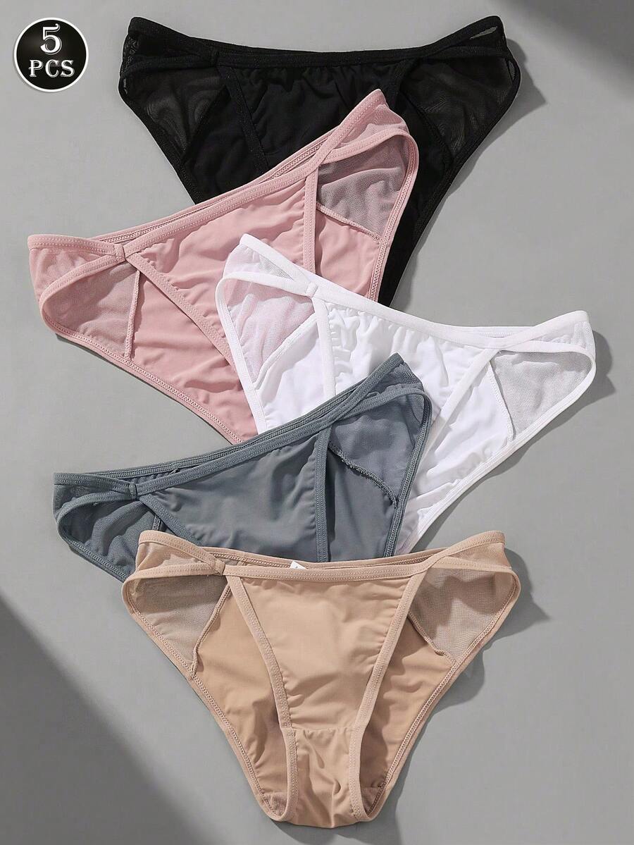 VKME 5pcs/Set Sexy Low Waist Mesh Splicing Brief Panties Underwear