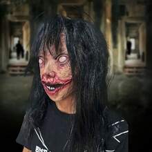 1 pezzo Maschera spaventosa da fantasma femminile con capelli lunghi, Zhen Zi, testa di zombie mutante e disgustosa, per Ognissanti Casa Infestata.